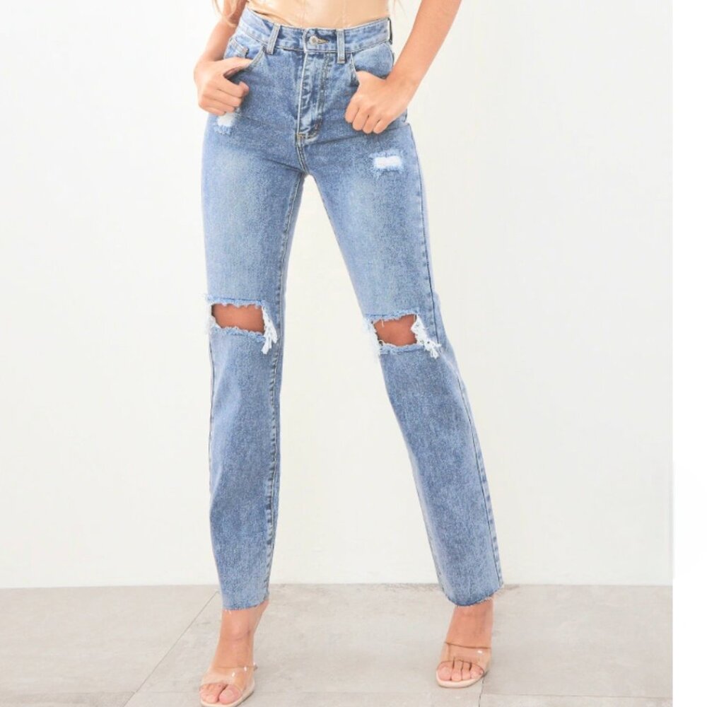 Pretty Little Thing Mid Wash High Rise Distressed Straight Leg Jeans